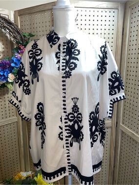 White Shirt with Black Floral Motif